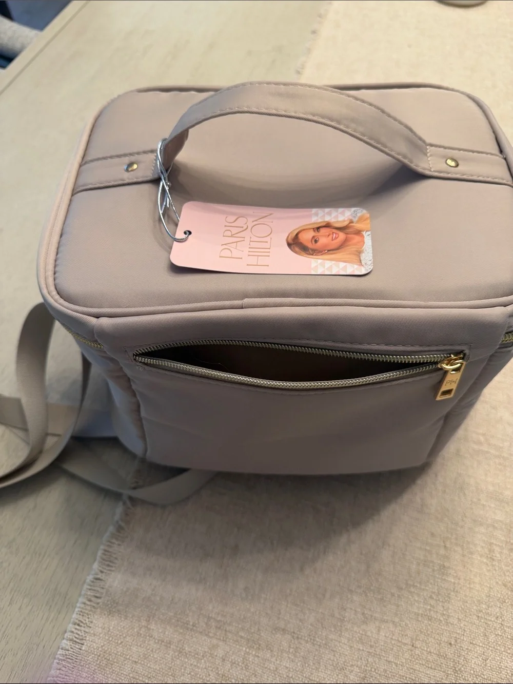 Paris Hilton Taupe Quilted Cosmetic Travel Case with Gold Hardware